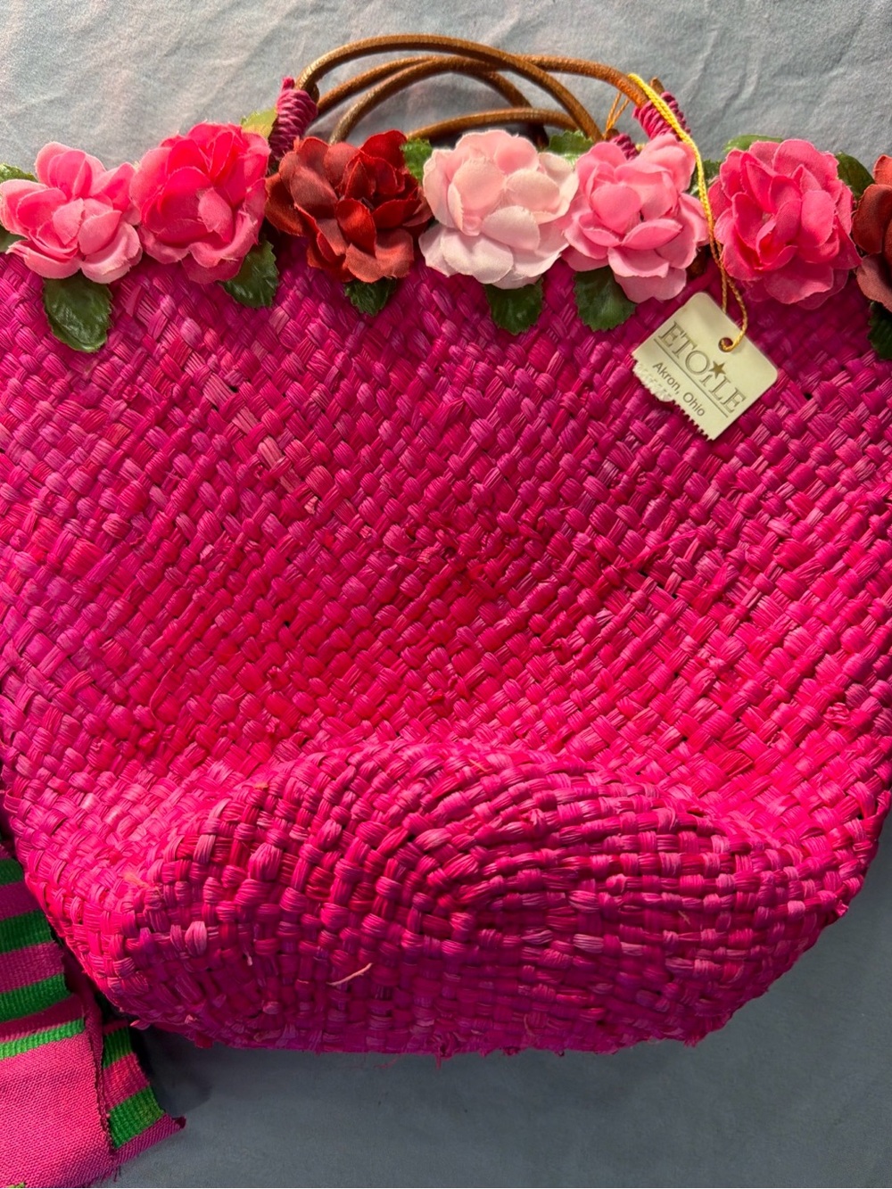 Two’s Company Pink Woven Floral Handle Tote